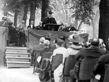 William Bassett Moore, a distinguished diplomat and legal scholar, gave the commencement speech at the 1916 commencement for Delaware College. Seated immediately behind him is Samuel Chiles Mitchell, the President of Delaware College.