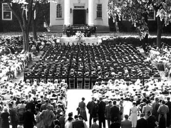 Graduates listen to the University of Delaware band during the 1951 commencement.
