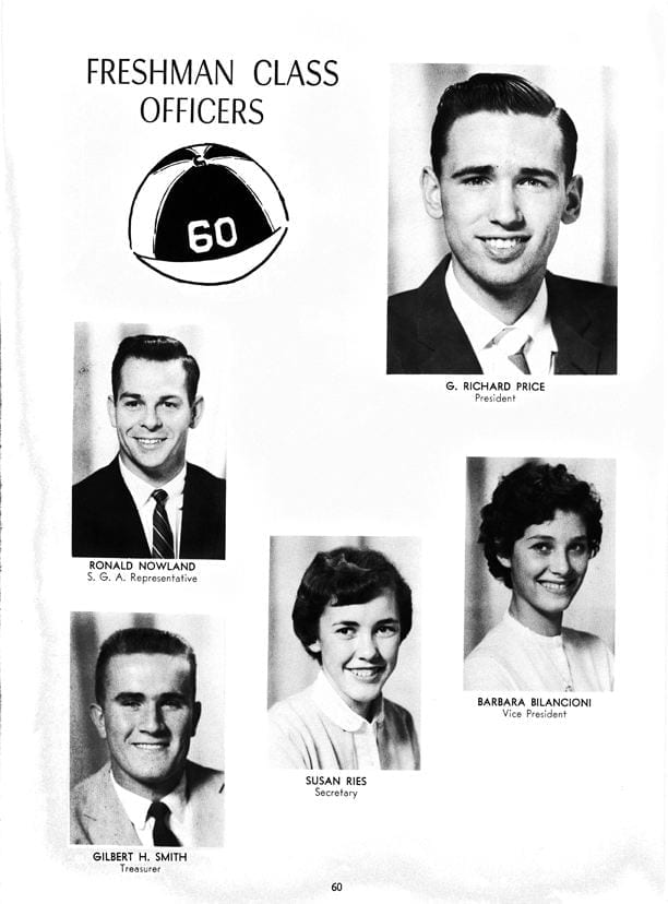 Photos of the 1960 Freshman Class officers from the 1957 Blue Hen.