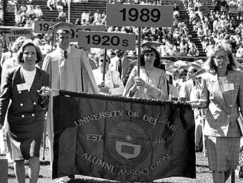 The Alumni Association of the University of Delaware leads a procession during commencement in 1989