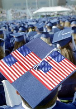A patriotic display decorates the cap of a graduate of the class of 2002 at commencement.