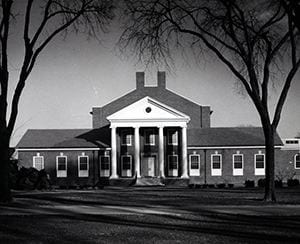 Photograph of Du Pont Hall after its first renovation was completed; taken from the Green, looking east. 1961.