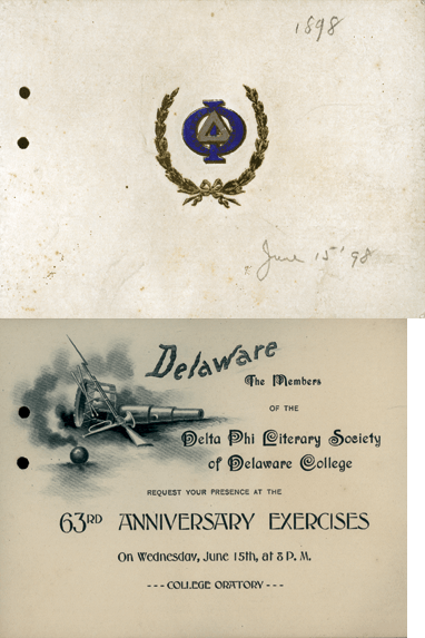 Front cover and first page of the Delta Phi Literary Society 63rd Anniversary Exercises from June 15, 1898.