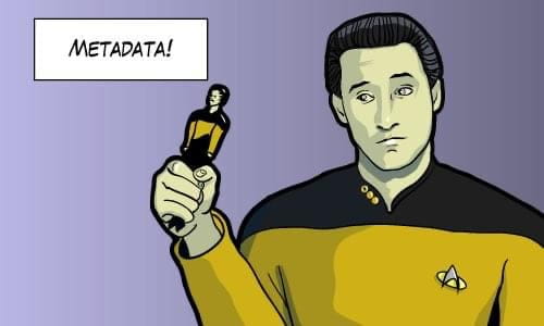 Data (from Star Trek: The Next Generation) holding a statue of himself and saying "Metadata!"