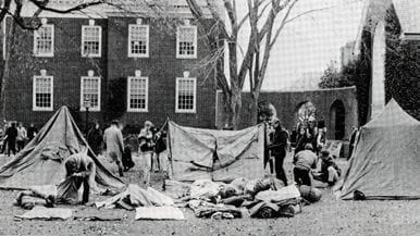 Tent City created by protesters on The Green from the 1968 yearbook.