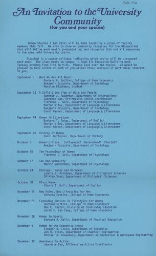  Announcement for the first Women's Studies course, offered in the Fall 1972.