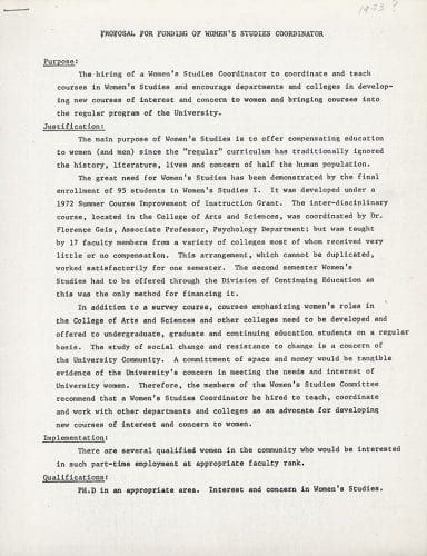 Proposal for a Women's Studies Program Coordinator, 1973.