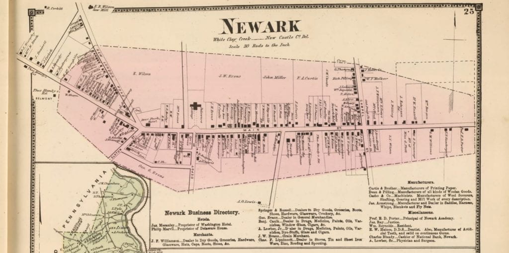 A Map from “Newark & White Clay Creek Hundred,” Map 25, D. G. Beers, Fred Bourquin, and Worley & Bracher, Atlas Of The State Of Delaware From Actual Surveys by and under the Direction of D.G. Beers. Published by Pomeroy & Beers, 320 Chestnut Street, Philadelphia 1868. Entered ... 1867 by Pomeroy & Beers ... Pennsylvania. Engraved by Worley & Bracher, 320 Chestnut St. Phila. Printed by Fred. Bourquin, 320 Chestnut St. Phila (Philadelphia: Pomeroy & Beers, 1868), https://searchworks.stanford.edu/view/10448626.
