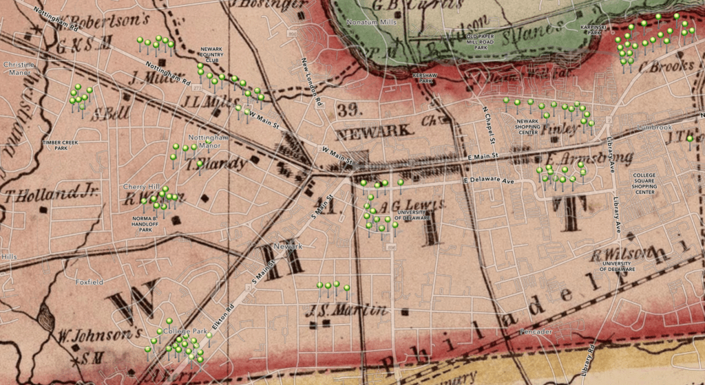 A Screenshtot of an arcs map that has green pins on an old map of Newark.