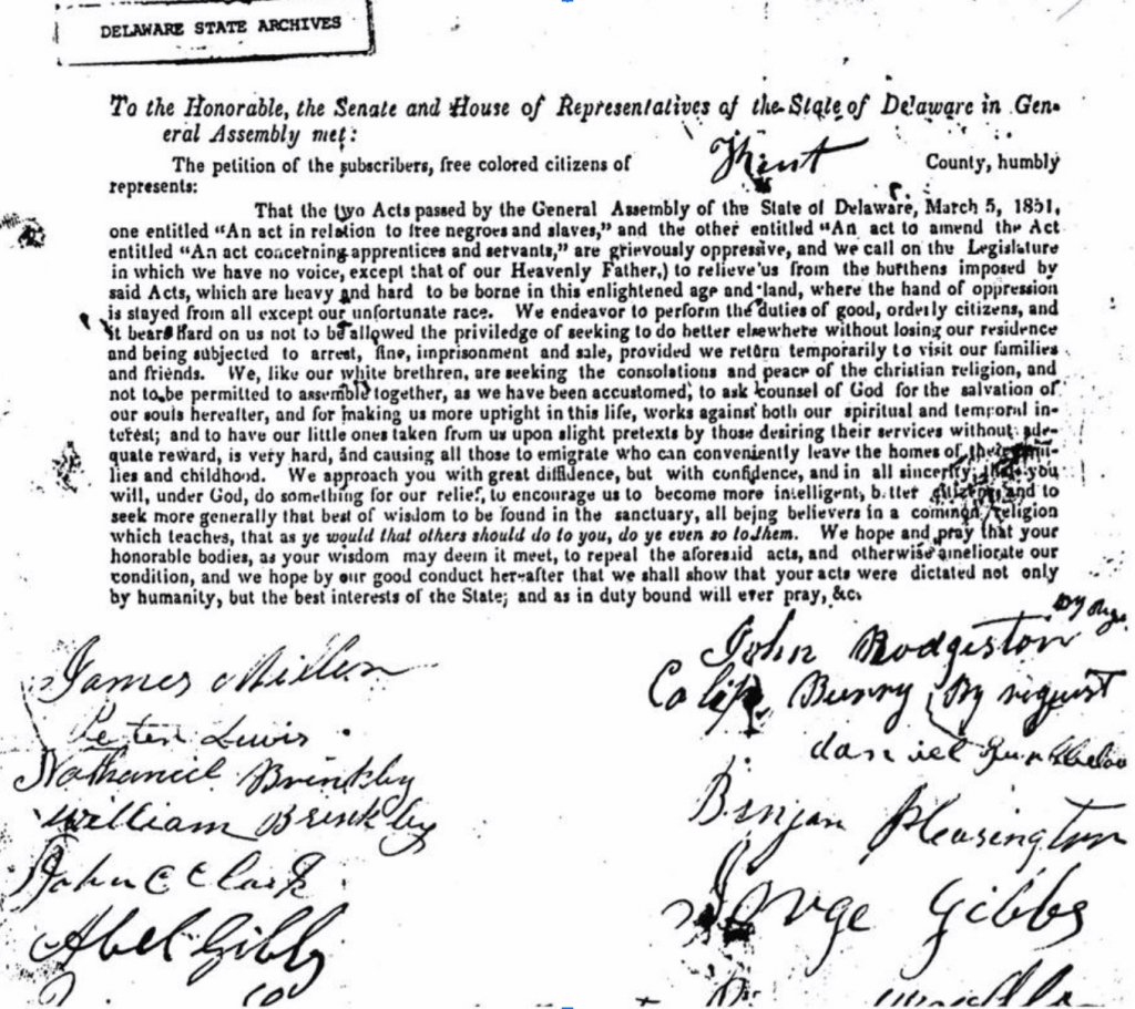 A printed petition from "Free Colored Citizens" of Delaware to the "Senate and House of Representatives of the State of Delaware in General Assembly met" with handwritten signatures below. Stamp on the top that reads "DELAWARE STATE ARCHIVES". 