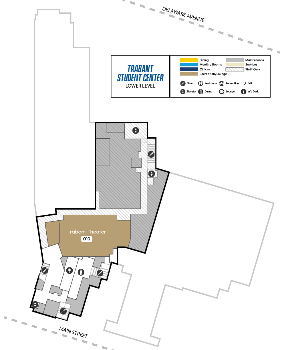 Map of Trabant Lower Level showing Trabant Theater and maintenance areas