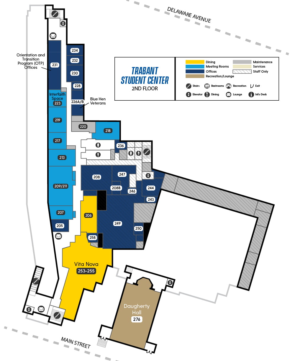 Map of Trabant Second Floor showing Vita Nova, Interfaith Space, Orientation & Transition Program Offices, and several reservable meeting spaces