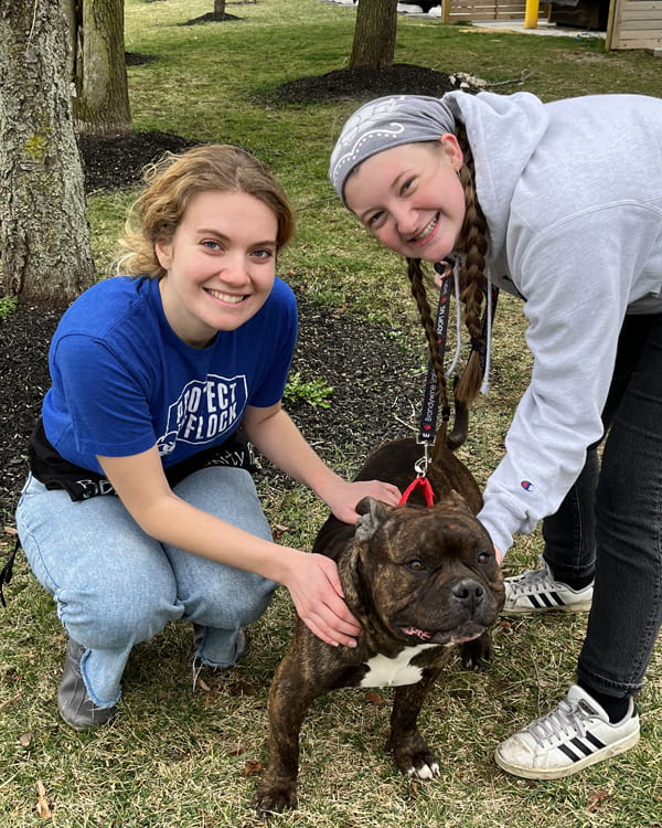 2 students pet a dog at a service project
