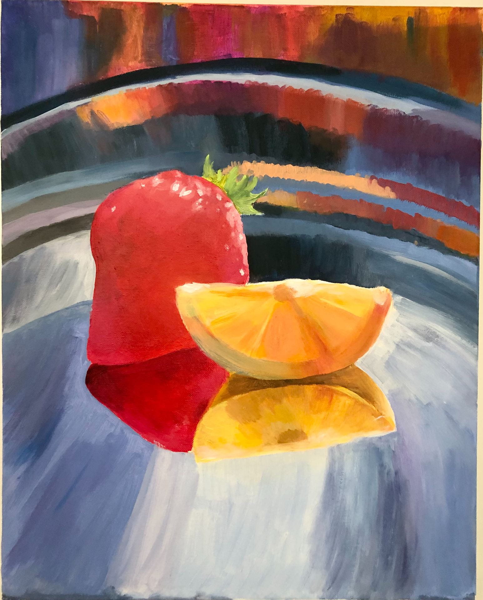 Painting of a strawberry and lemon slice on a shiny surface