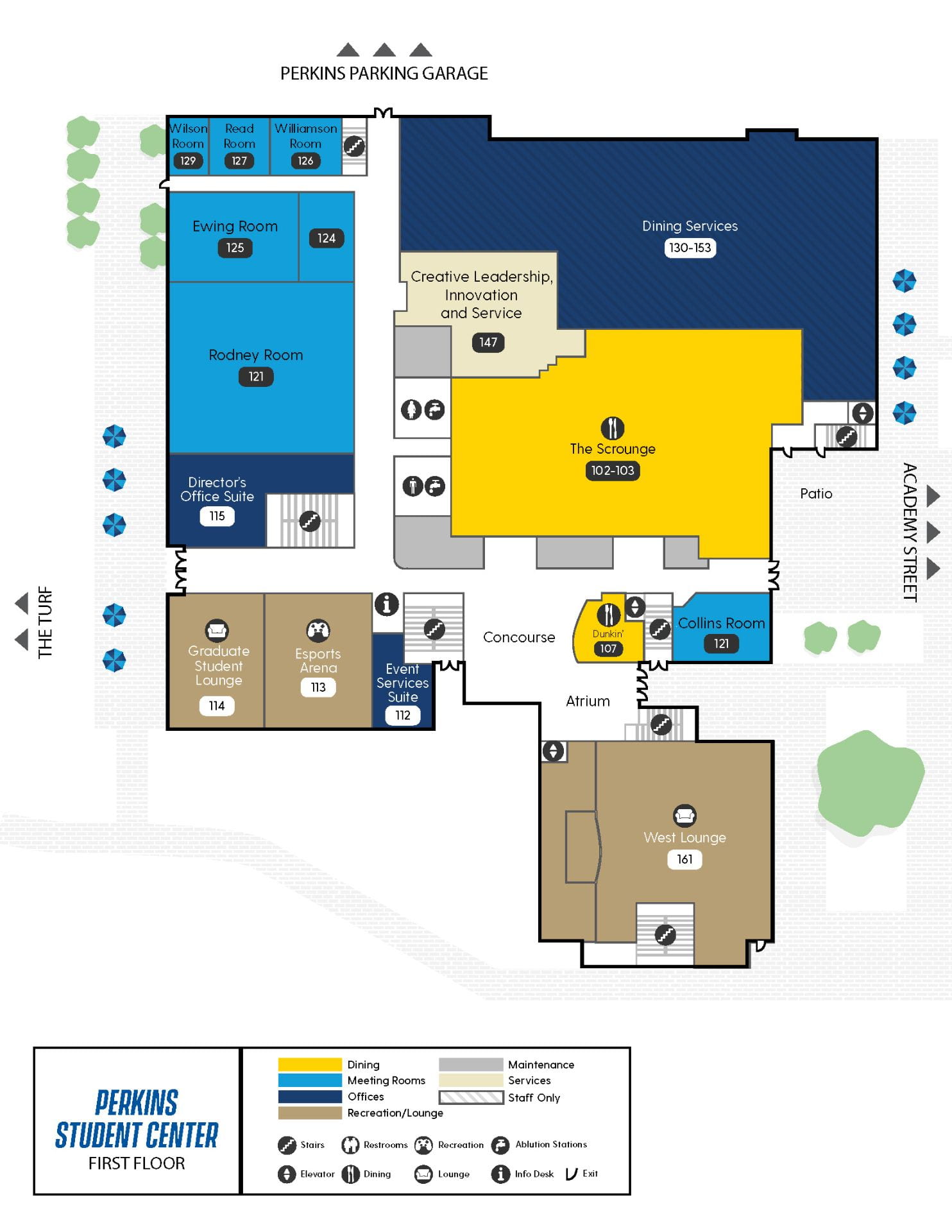 Perkins First Floor Map, showing The Scrounge, The Den by Dennys, Dunkin', Graduate and West Lounge, Esports Arena, Event Services Office, and several reservable meeting rooms
