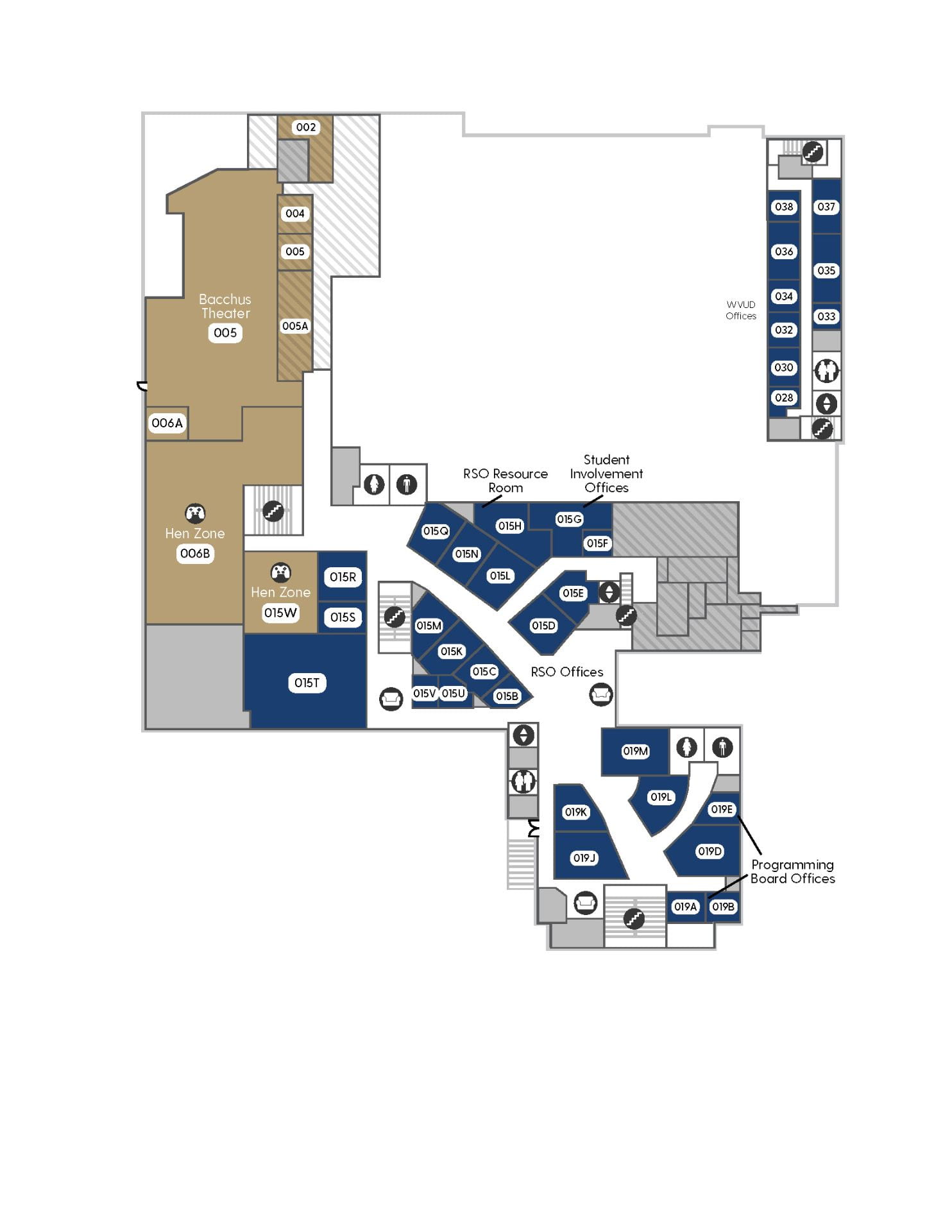 Perkins Lower Level Map, showing WVUD, Bacchus Theater, Student Involvement offices, and the UD Programming Board office