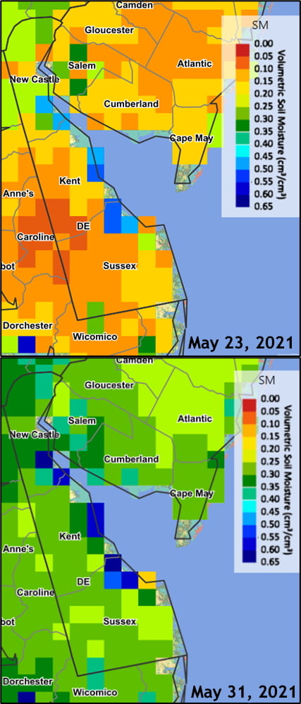 Figure 1. Soil moisture improves significantly after last week’s rainfall (top May 23rd, bottom May 30th)