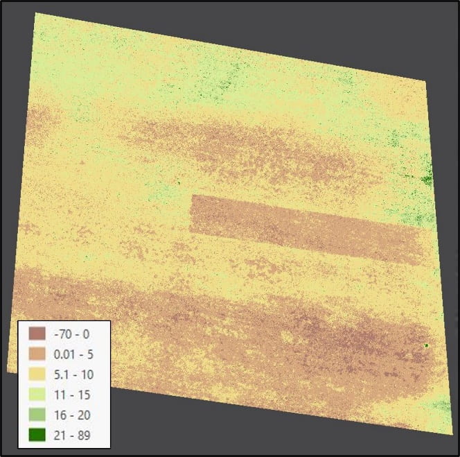 Figure 3. Estimated rye biomass N concentrations (lbs/acre) in the Harbeson field as estimated by a drone. Values less than zero assume no cover.