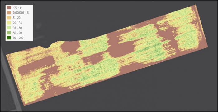 Figure 4. Estimated rye biomass N (lbs/acre) in the Georgetown field as estimated by a drone. Values less than zero assume no cover.