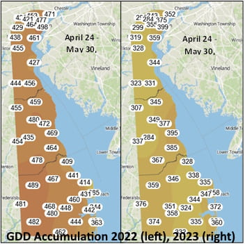 Figure 1. GDD late spring 2022 and 2023 comparison